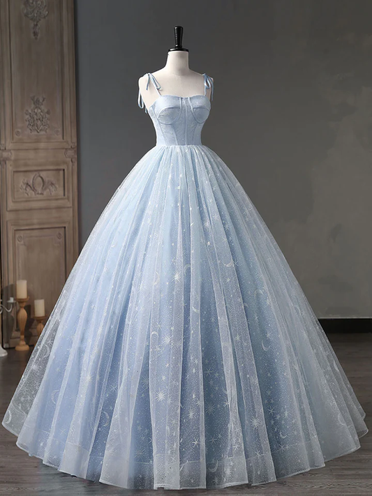 Star and Moon Fantasy Tulle A-Line Long Evening Dress, Blue Formal Sweet 16 Prom Dress Quinceanera Dress SH1063