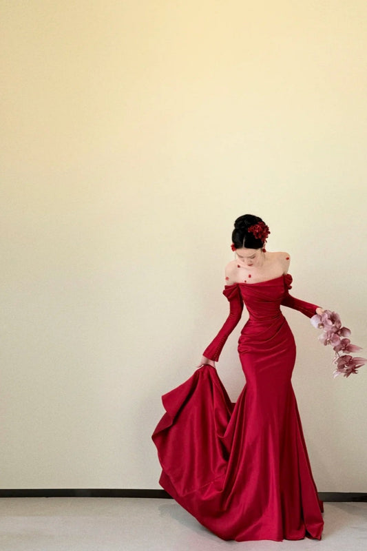 amakanas- Red Long Sleeve Off-The-Shoulder Bodycon Satin Floor-Length Ball Gown Prom Dress gh5961