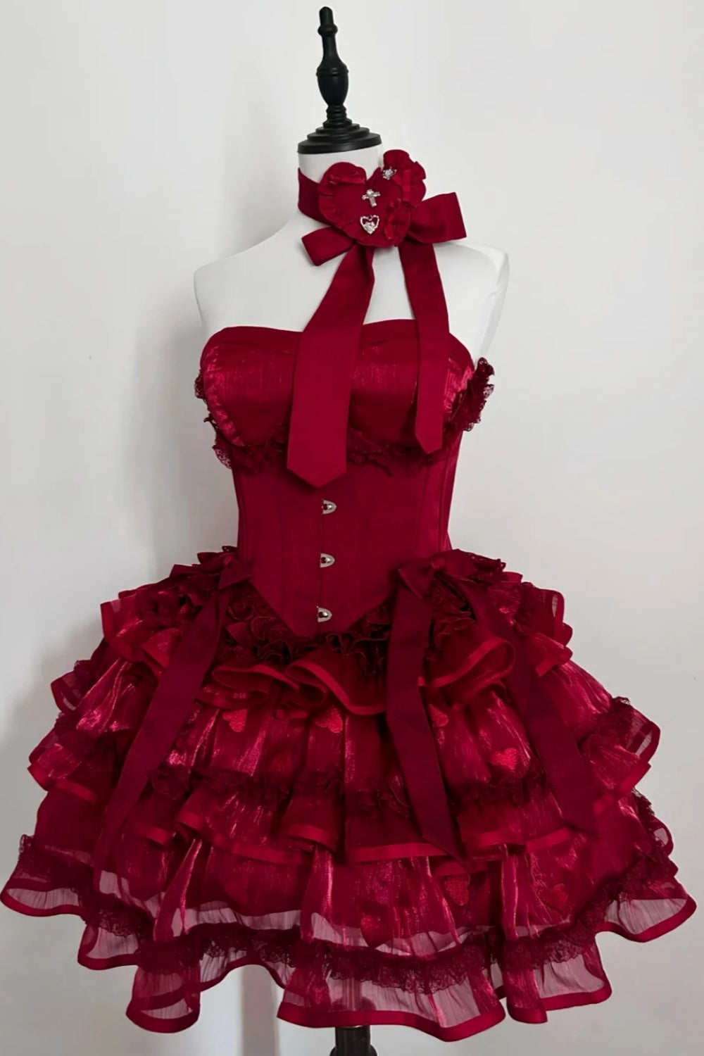 amakanas-Long sleeve/sleeveless Vintage Wine Red Lolita Bow Lace Tiered Short Party Dress gh6031