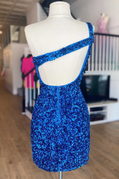Royal Blue Sequins One-Shoulder Keyhole Mini Homecoming Dresses