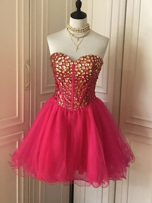 _¤ï_Pink retro noble princess short homecoming dress sequined tulle ball dress evening dress gh4392
