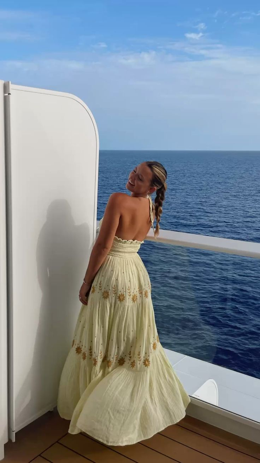 2025 New A Line Spaghetti Strap Embroidered Light Yellow Satin Prom Dress Outfits SH1023