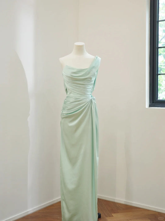 amakanas-Mint Green Simple Fashion One Shoulder Off Shoulder Long Satin Prom Dress Evening Dress Party Dress Bridesmaid Dress gh5058