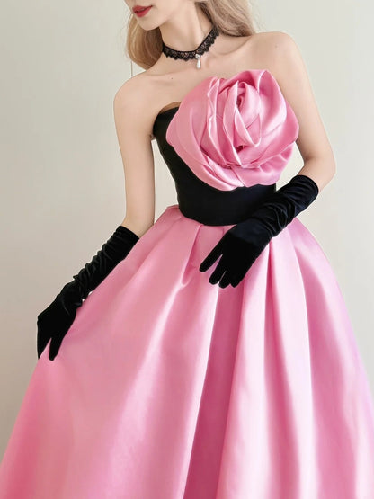 amakanas-Vintage Pink-Black Contrast 3D Floral Strapless Swing Court Style Evening Gown gh6029