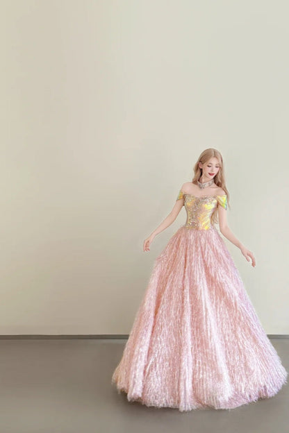 amakanas-Vintage Pink-Gold Contrast Off-Shoulder Court Style Evening Gown gh6027