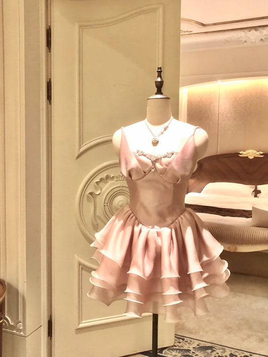 amakanas-Pink short satin tulle homecoming dress birthday party dress eighth grade dress gh5293