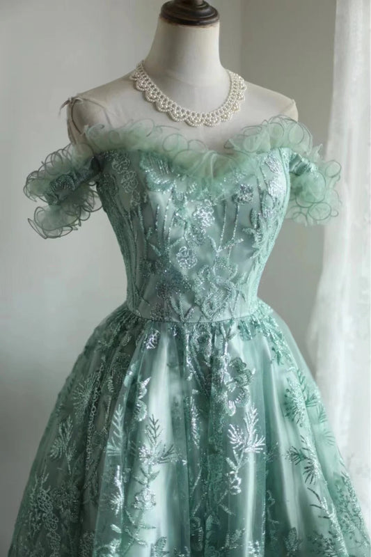 Green girl cute one shoulder flower bud print short princess dress adult birthday party homecoming dress gh4325