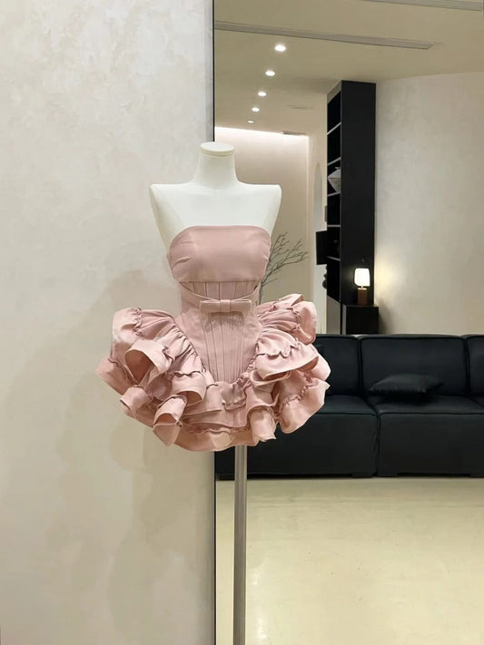 Pink/Black homecoming dress short satin prom dress evening dress birthday dress gh4525