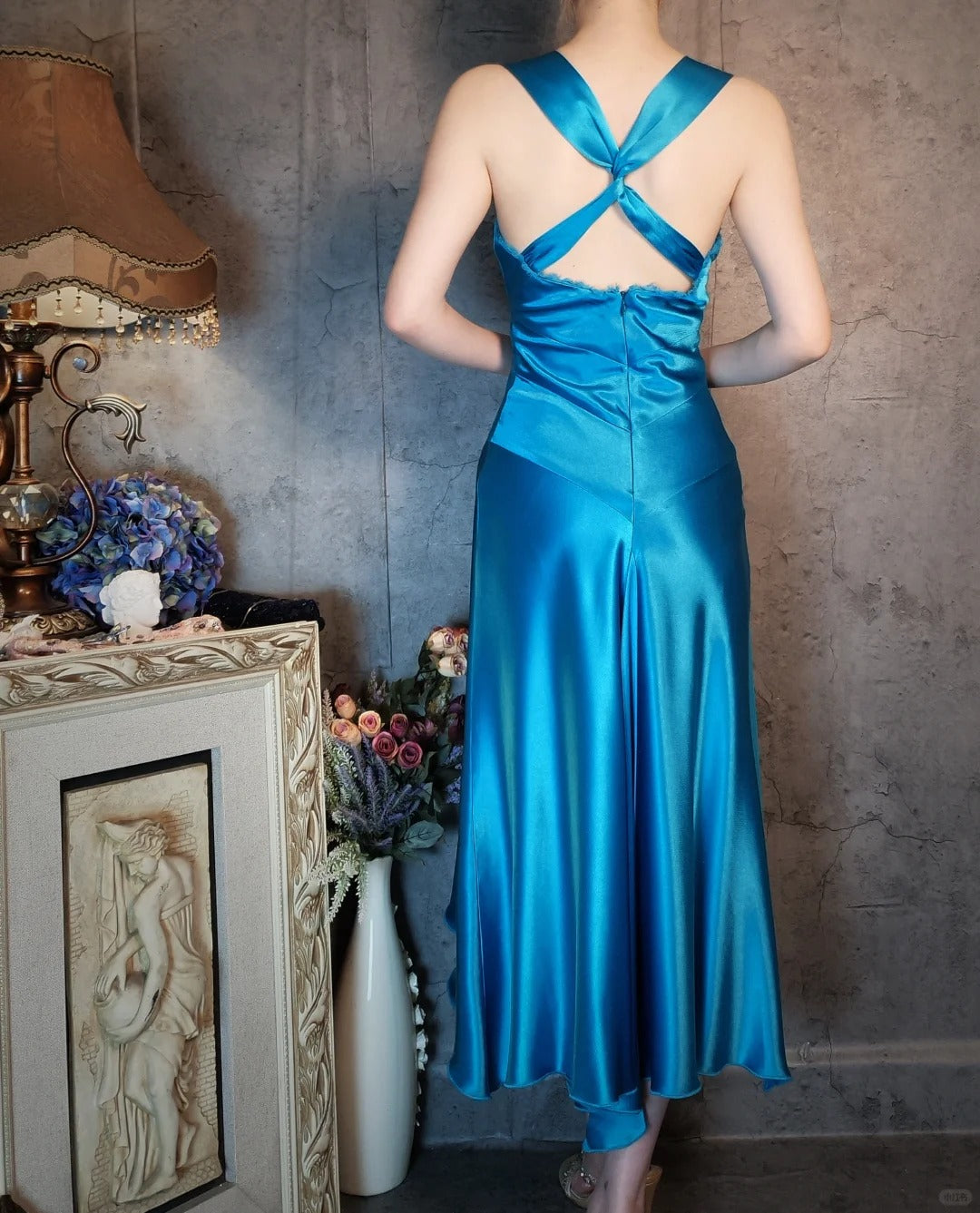 Ocean blue homecoming dress vintage ribbon beautiful satin retro elegant long satin prom dress evening dress party dress gh4806