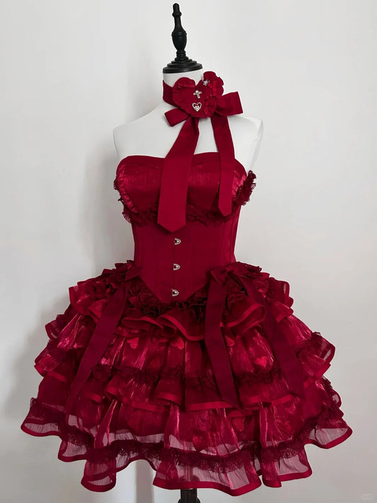 amakanas-Red Princess Lace Fashion Short Tulle Homecoming Dress Birthday Party Dress gh5415