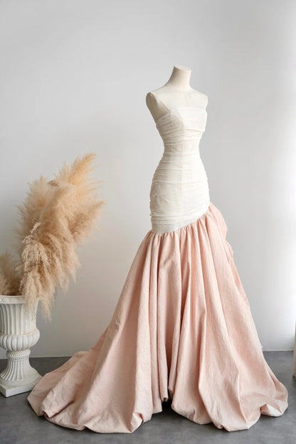 amakanas- Vintage Pink-White Contrast Ruched Strapless Mermaid Long Evening Gown gh6091