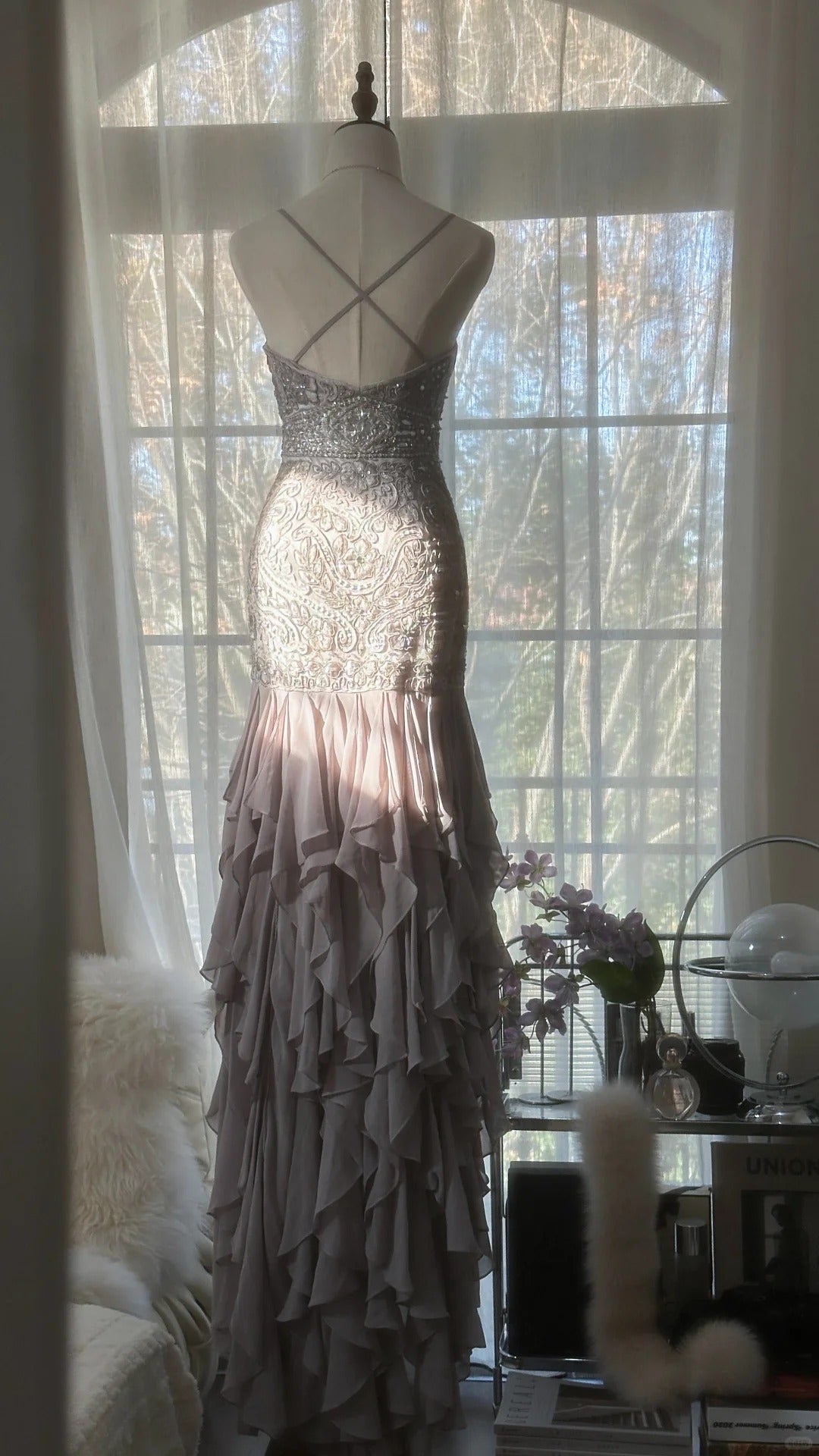 Purple Romantic Gorgeous Exquisite Elegant Beaded Lace Long Chiffon Evening Gown Ball Gown Prom Dress Birthday Holiday Party Dress gh4046