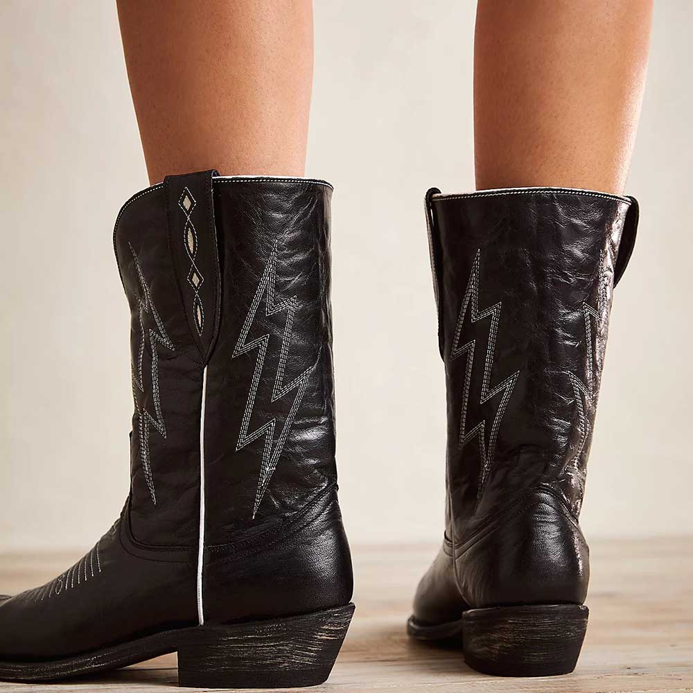 Black Lightning Embroidered Pointed Toe Low Heel Cowgirl Boots