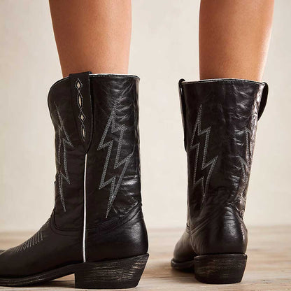 Black Lightning Embroidered Pointed Toe Low Heel Cowgirl Boots