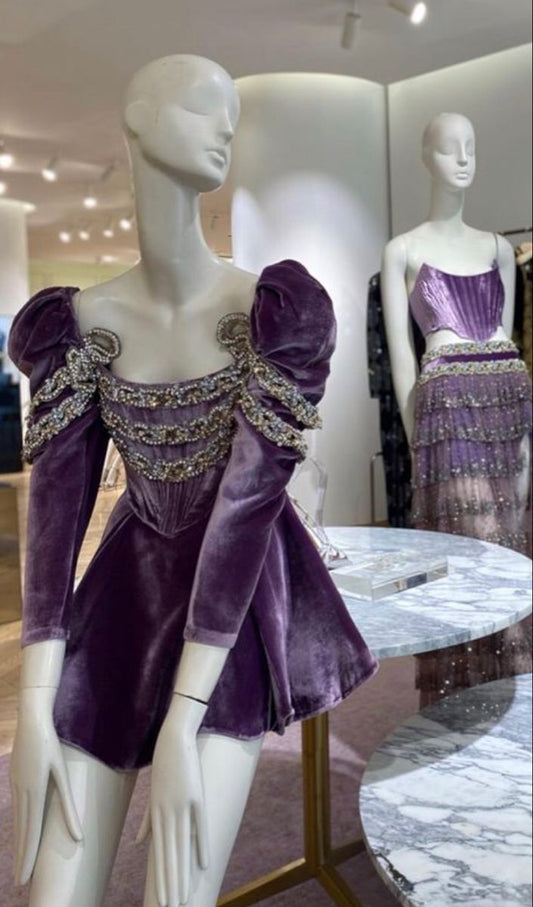 amakanas-Purple long-sleeved velvet retro shiny sweet short homecoming dress birthday dress gh5340