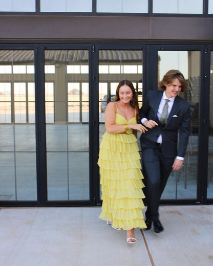 Yellow stylish elegant spaghetti straps long satin tiered ball gown formal evening dress party dress gh3655