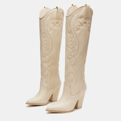 Ivory Pointed Toe Embroidered Knee-high Block Heel Cowgirl Boots