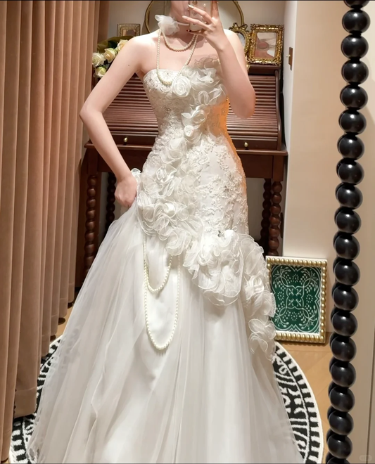 Glamorous Strapless 3D Floral Lace Mermaid Ruffled Embroidery Pearl Accents Wedding Dress TP5335