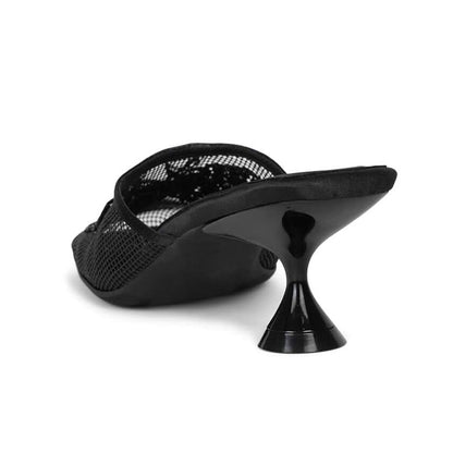 Black Fishnet Square Toe Kitten Heel Sequin Wide Band Mules Shoes