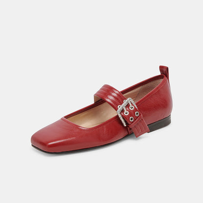 Red Vegan Leather Square Toe Flat Buckle Mary Jane Shoes