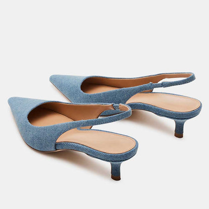 Blue Denim Kitten Heel Slip-On Slingback Pumps with Pointed Toe
