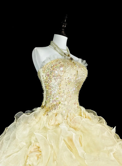 amakanas-Yellow tulle princess-style long formal ball gown, birthday dress, graduation dress gh6137