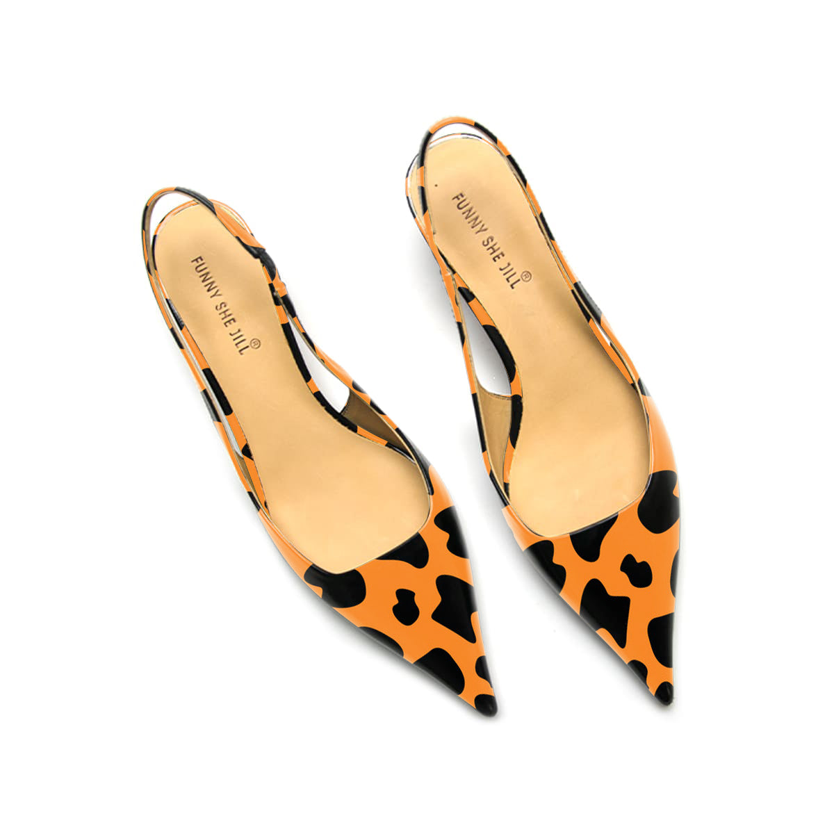 Orange Leopard Print Pointed Toe Slingback Kitten Heel Pumps Shoes