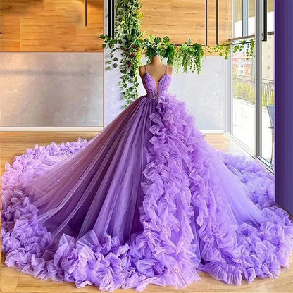 Purple gorgeous fashion V-neck beaded long tulle floor-length trailing ball gown prom dress evening gown wedding dress gh1803