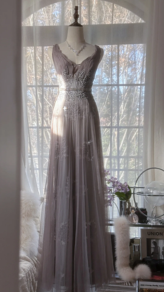 Vintage Light Purple Applique Design Romantic Chiffon Evening Dress Prom Dress TP4013