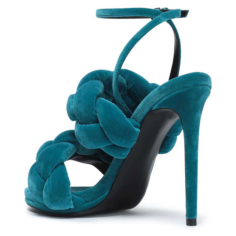 Teal Velvet Open Toe Braided Strap Buckle Stiletto Heeled Sandals