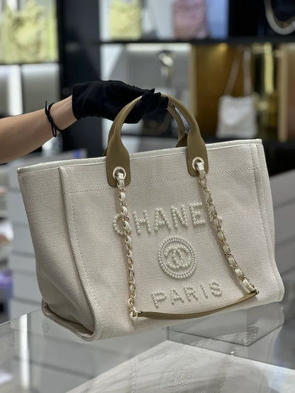 Chanel Natural Canvas and Tan Leather Large Pearl Deauville Tote - 30x39x22cm