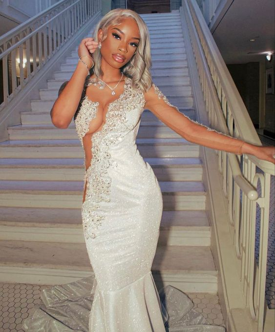 Shining Silver Mermaid Long Sleeves Prom Dress SH974