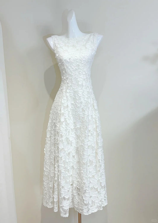 Elegant White A-line Round Neck Lace Pattern Prom Dress Evening Dress Bridesmaid Dress P4065