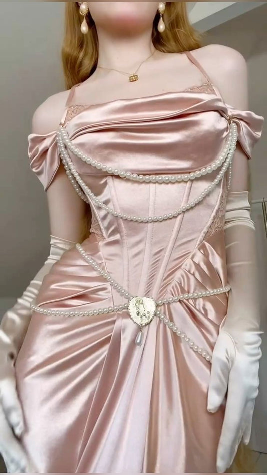 Pink vintage pearl beading long satin formal Prom dress evening dress party dress bridesmaid dresses gh4899