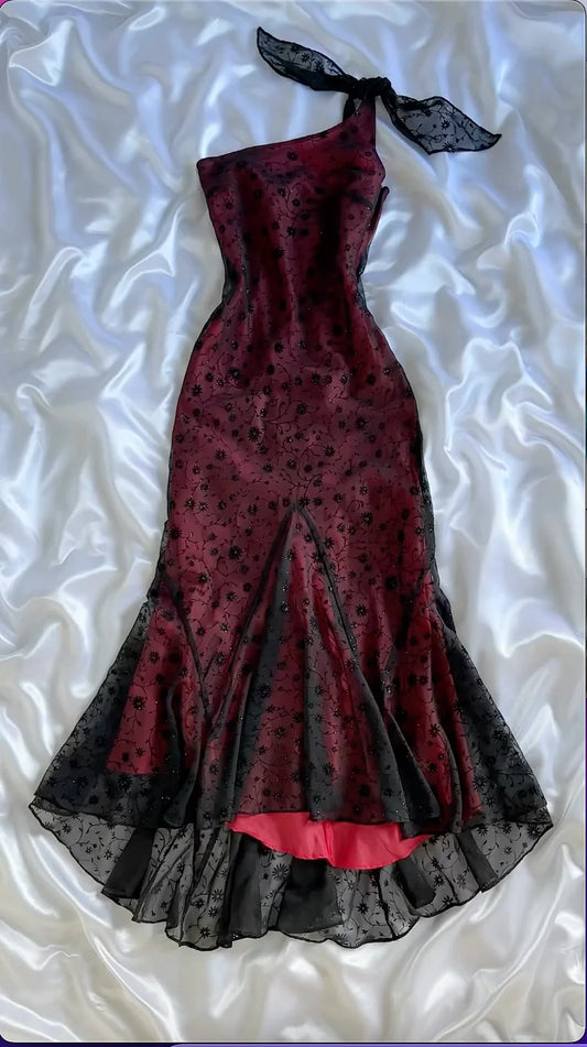 amakanas-Wine Red & Black Floral One-Shoulder Gown, Lace Embroidered Mermaid Hem Evening Dress gh6001