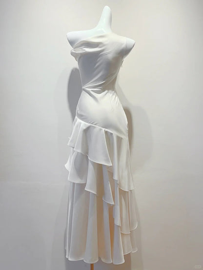 Elegant White Mermaid Ruffle Satin Prom Dress Evening Dress Bridesmaid Dress P4066