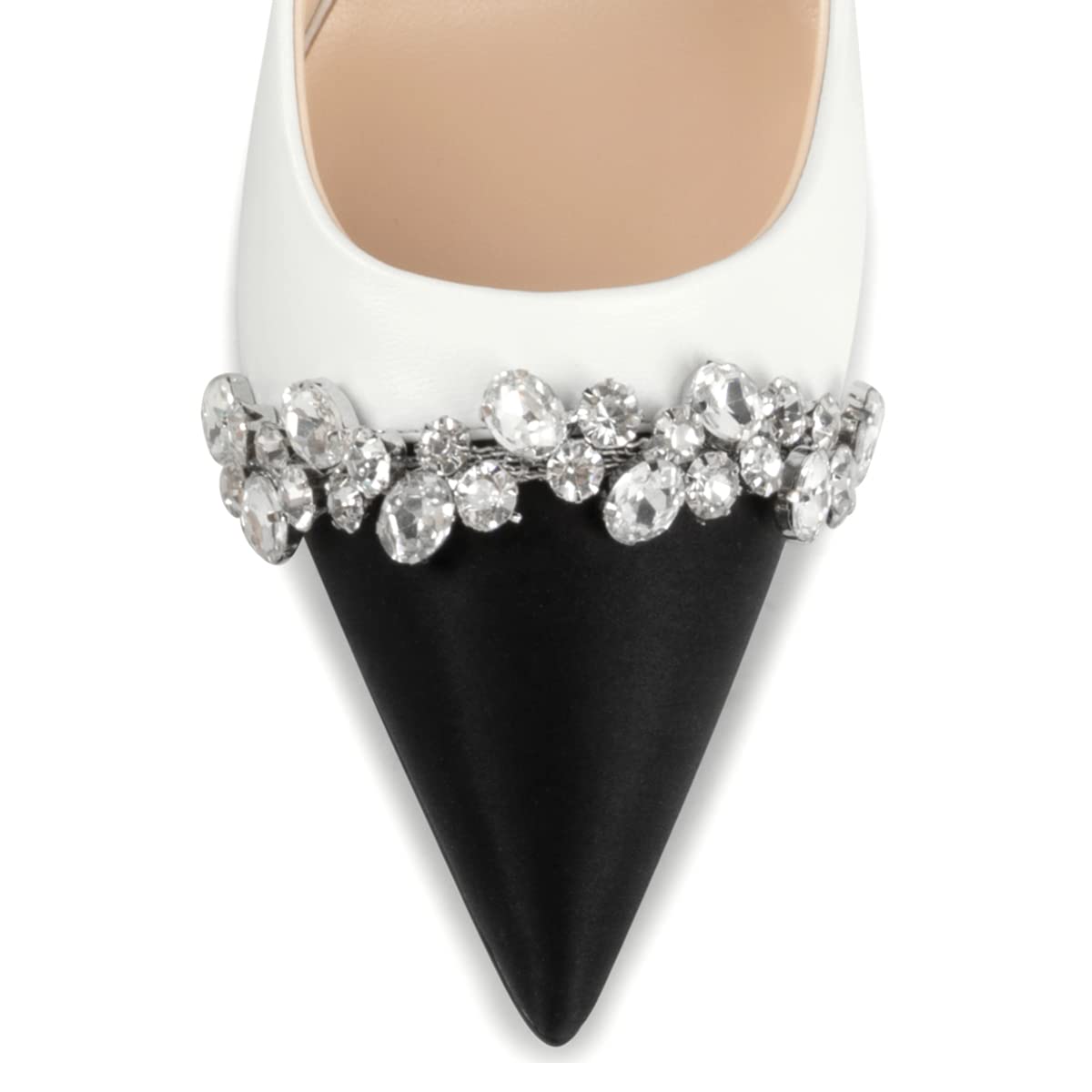 White & Black Pointed Toe Stiletto Heel Pumps Shoes with Rhinestone