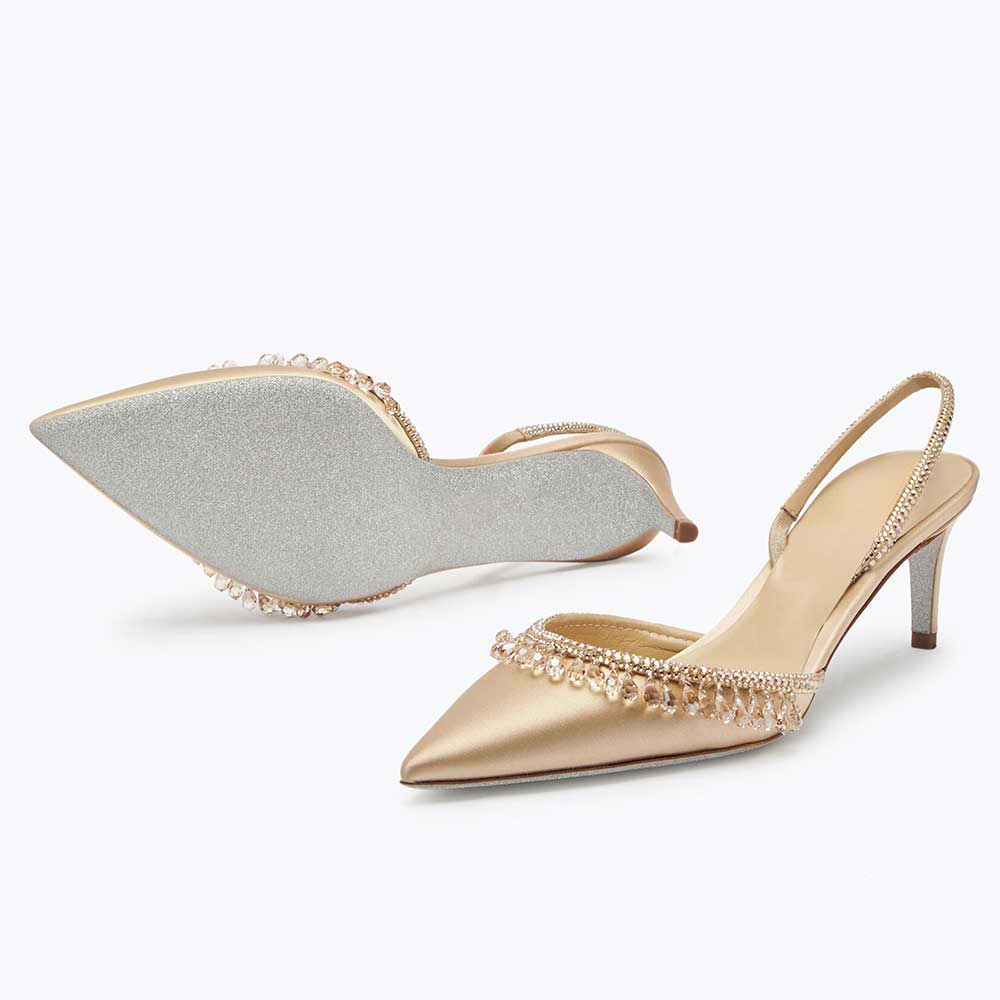 Gold Satin Pointed Toe Rhinestone Embellished Kitten Heeled Pumps