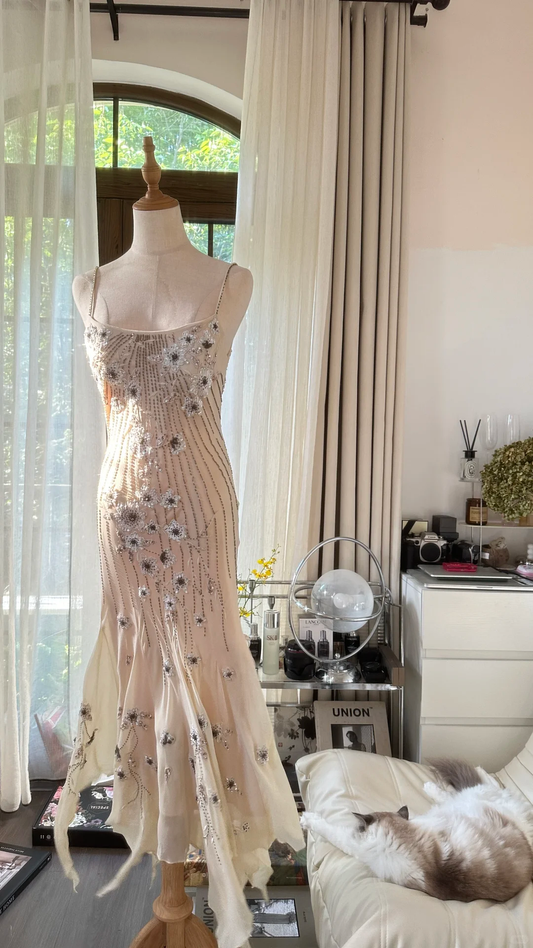 Vintage Beige Spaghetti Strap Beaded Design Romantic Chiffon Evening Dress Prom Dress TP3995