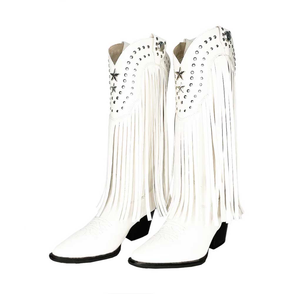 White Vegan Leather Pointed Toe Fringe Knee-High Heel Cowgirl Boots