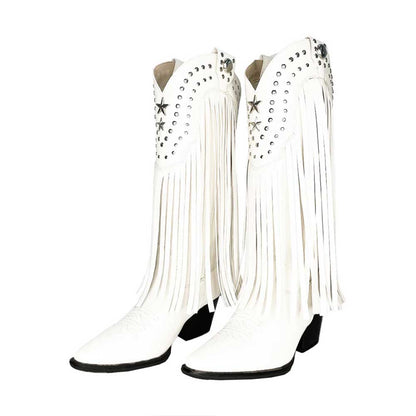 White Vegan Leather Pointed Toe Fringe Knee-High Heel Cowgirl Boots