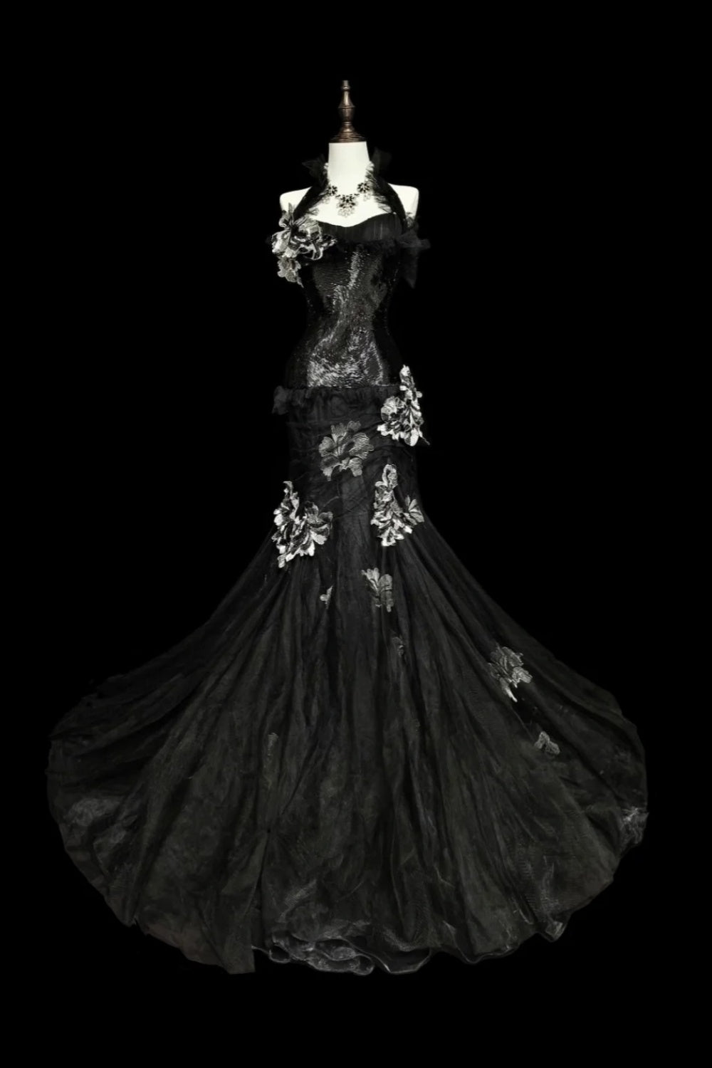 amakanas-Evening dress Black mermaid-inspired floral gown, uniquely elegant dark mermaid long tulle ball gown/evening dress. gh6138