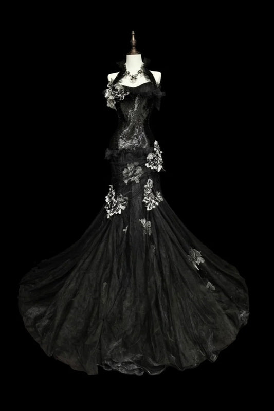 amakanas-Evening dress Black mermaid-inspired floral gown, uniquely elegant dark mermaid long tulle ball gown/evening dress. gh6138