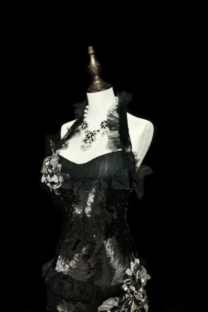 amakanas-Evening dress Black mermaid-inspired floral gown, uniquely elegant dark mermaid long tulle ball gown/evening dress. gh6138