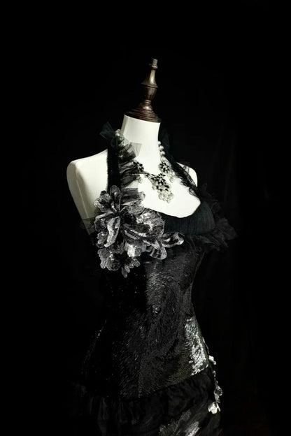 amakanas-Evening dress Black mermaid-inspired floral gown, uniquely elegant dark mermaid long tulle ball gown/evening dress. gh6138