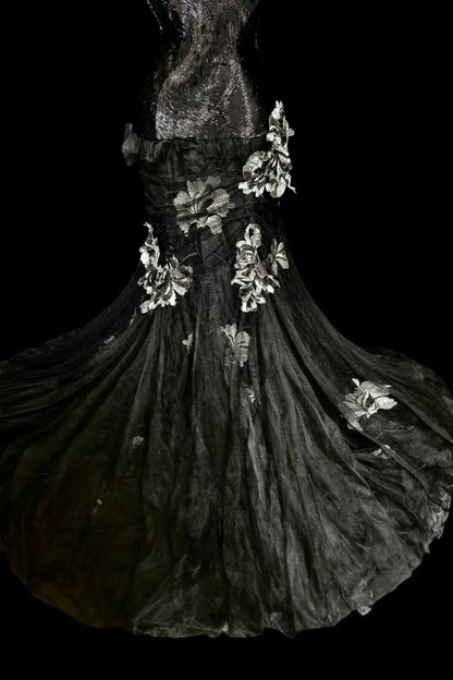amakanas-Evening dress Black mermaid-inspired floral gown, uniquely elegant dark mermaid long tulle ball gown/evening dress. gh6138