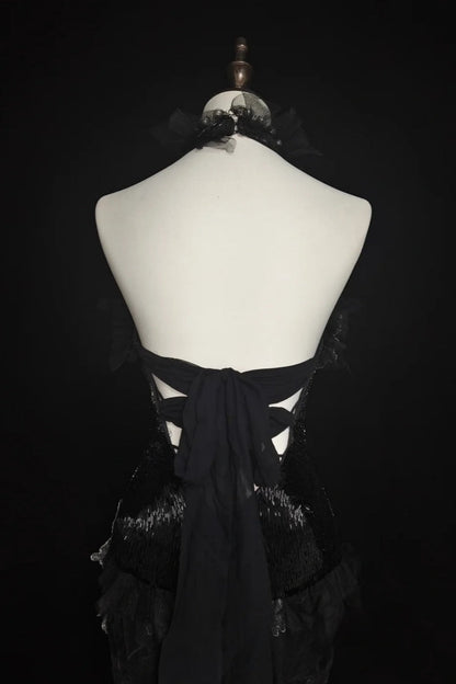 amakanas-Evening dress Black mermaid-inspired floral gown, uniquely elegant dark mermaid long tulle ball gown/evening dress. gh6138