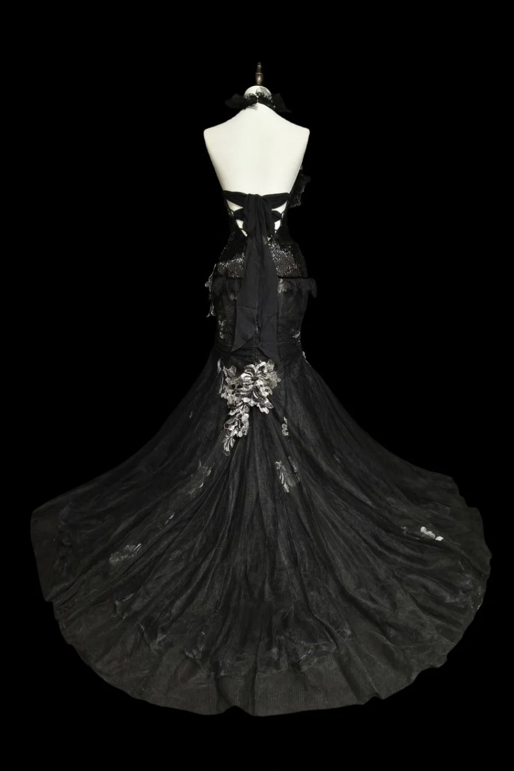 amakanas-Evening dress Black mermaid-inspired floral gown, uniquely elegant dark mermaid long tulle ball gown/evening dress. gh6138