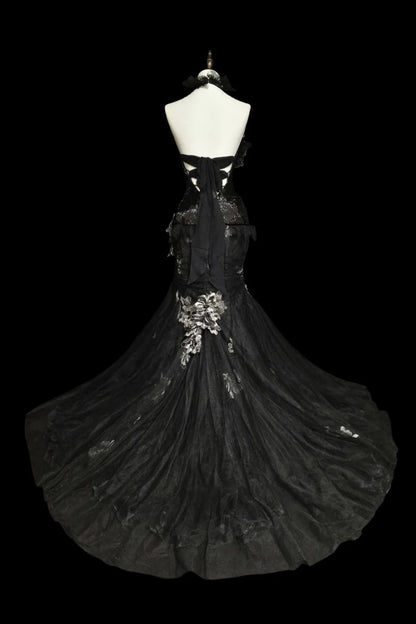 amakanas-Evening dress Black mermaid-inspired floral gown, uniquely elegant dark mermaid long tulle ball gown/evening dress. gh6138