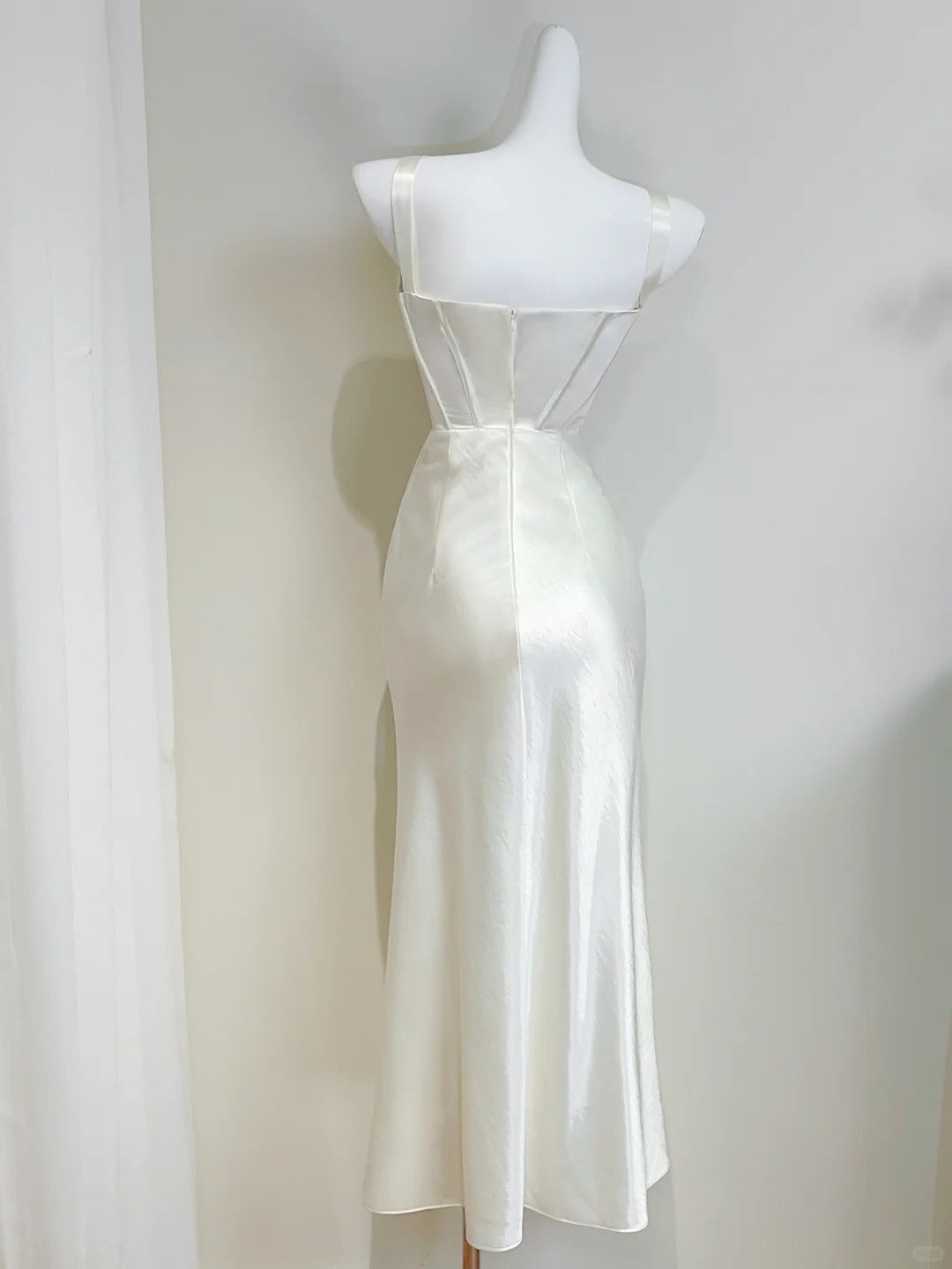 Simple Ivory Mermaid Square Neck Strapless Pleated Satin Prom Dress Evening Dress Bridesmaid Dress P4069